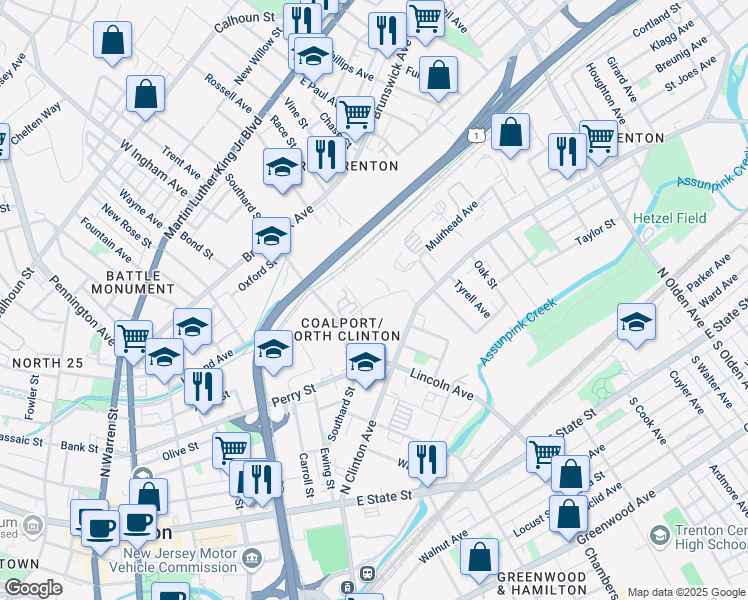 map of restaurants, bars, coffee shops, grocery stores, and more near Escher Street in Trenton