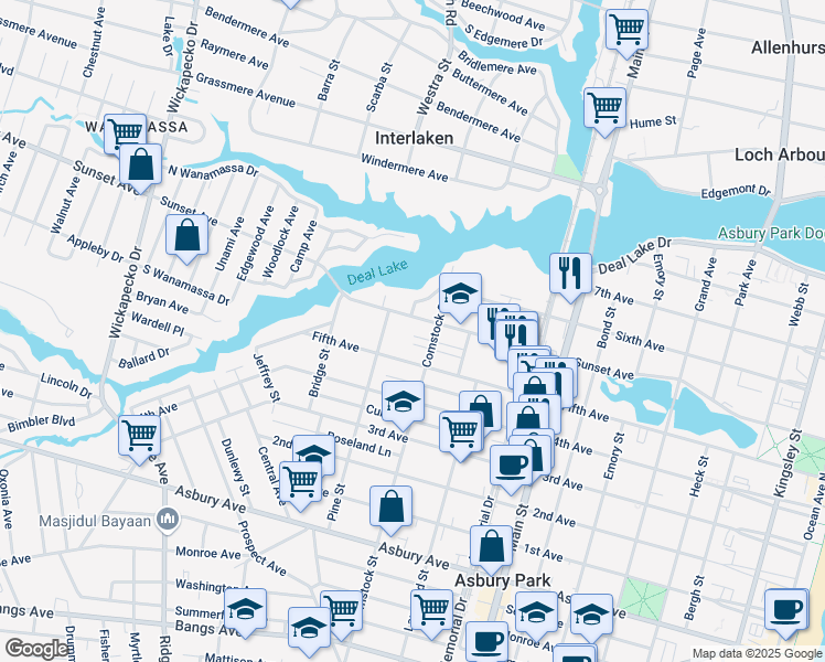 map of restaurants, bars, coffee shops, grocery stores, and more near 1117 Sunset Avenue in Asbury Park