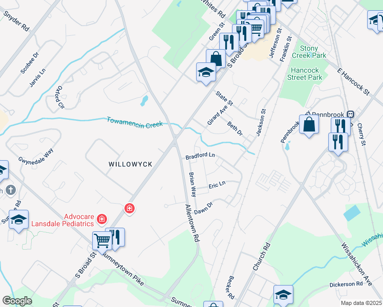 map of restaurants, bars, coffee shops, grocery stores, and more near 888 Sturbridge Lane in Lansdale