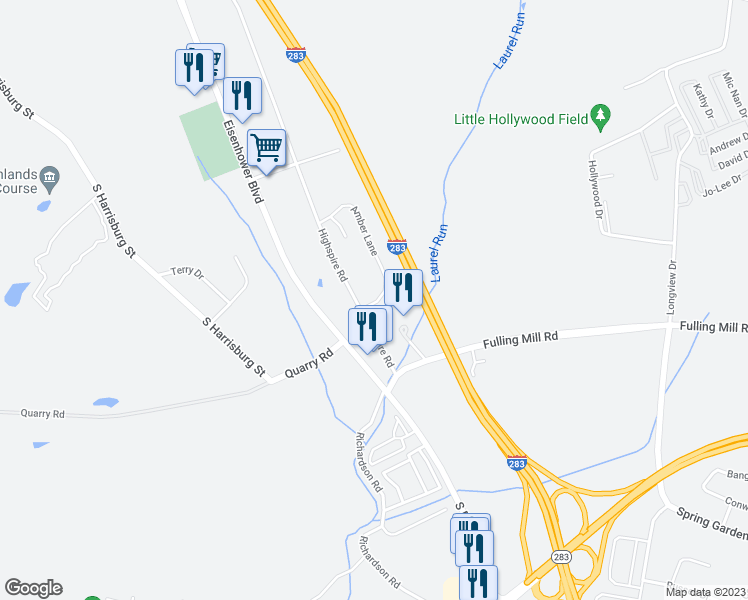 map of restaurants, bars, coffee shops, grocery stores, and more near 1233 Amber Lane in Harrisburg