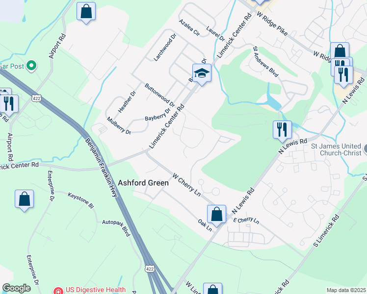 map of restaurants, bars, coffee shops, grocery stores, and more near 301 Woodcrest Circle in Royersford