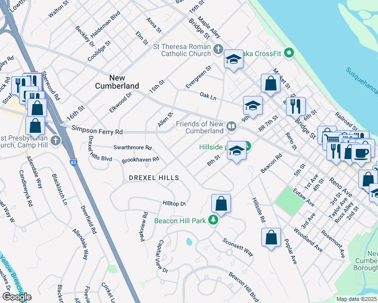 map of restaurants, bars, coffee shops, grocery stores, and more near 520 Park Avenue in New Cumberland