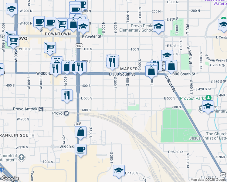 map of restaurants, bars, coffee shops, grocery stores, and more near 275 400 South in Provo