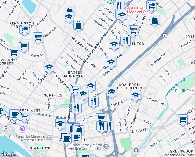 map of restaurants, bars, coffee shops, grocery stores, and more near 346 Brunswick Avenue in Trenton
