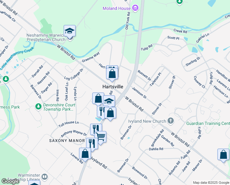 map of restaurants, bars, coffee shops, grocery stores, and more near 1414 Old York Road in Warminster
