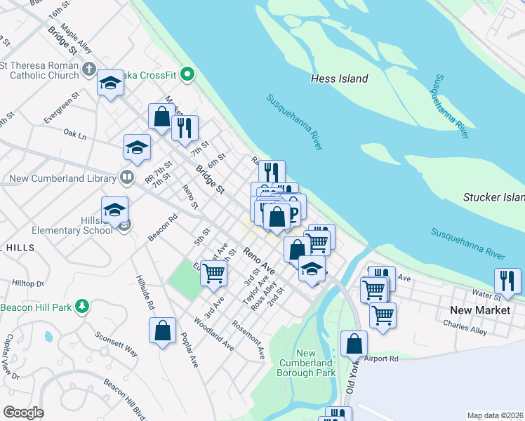 map of restaurants, bars, coffee shops, grocery stores, and more near 422 Market Street in New Cumberland