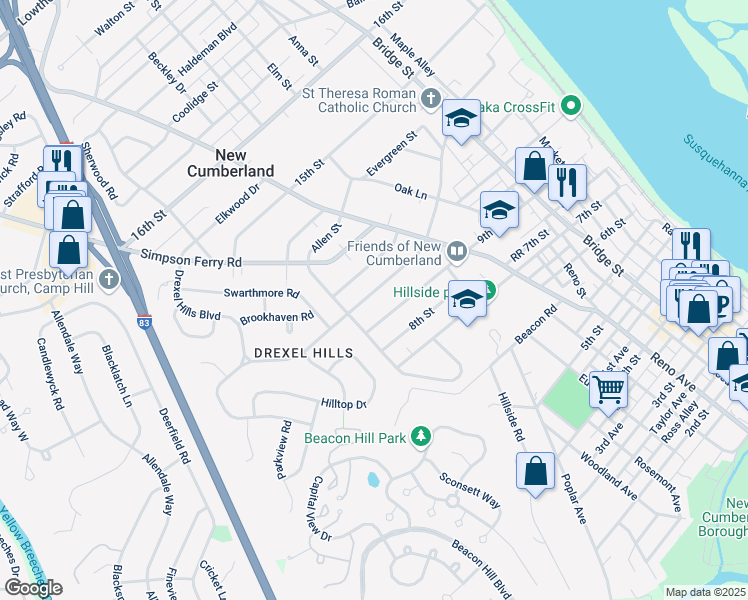 map of restaurants, bars, coffee shops, grocery stores, and more near 520 Park Avenue in New Cumberland