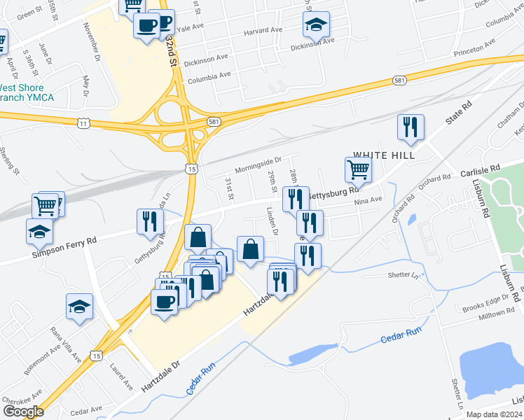 map of restaurants, bars, coffee shops, grocery stores, and more near 2910 Gettysburg Road in Camp Hill