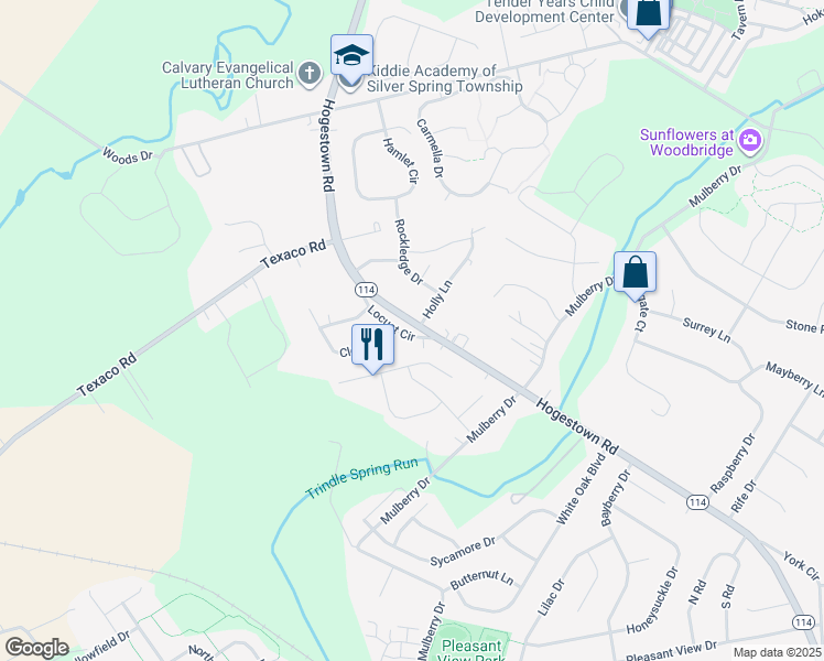 map of restaurants, bars, coffee shops, grocery stores, and more near 3 Holly Lane in Mechanicsburg