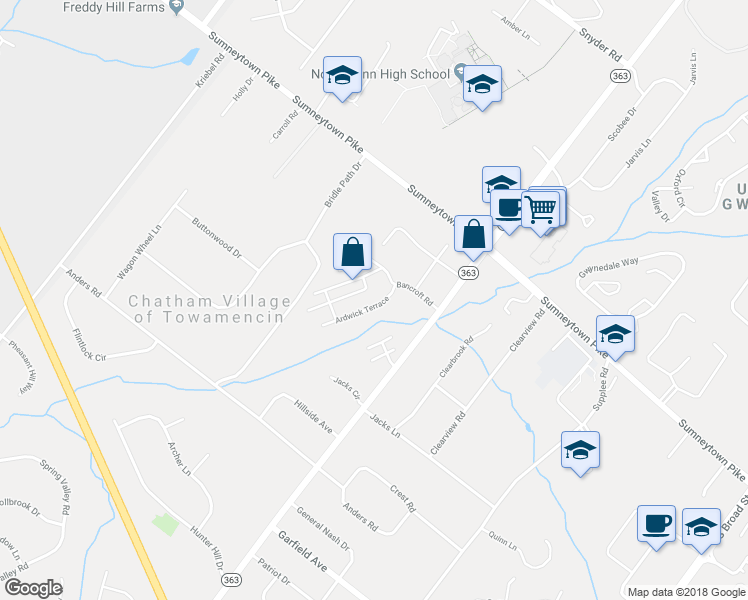 map of restaurants, bars, coffee shops, grocery stores, and more near 117 Ardwick Terrace in Lansdale