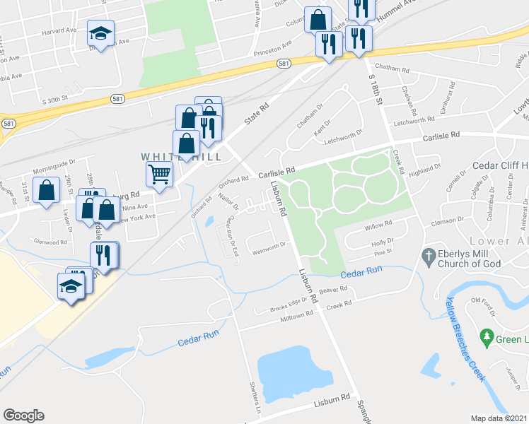 map of restaurants, bars, coffee shops, grocery stores, and more near 2101 Cedar Run Drive in Camp Hill