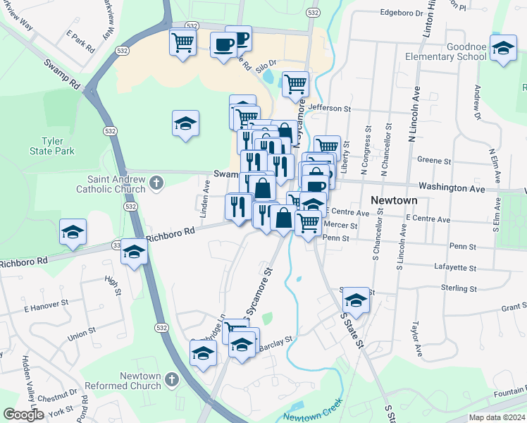 map of restaurants, bars, coffee shops, grocery stores, and more near 18 Newtown Richboro Road in Newtown