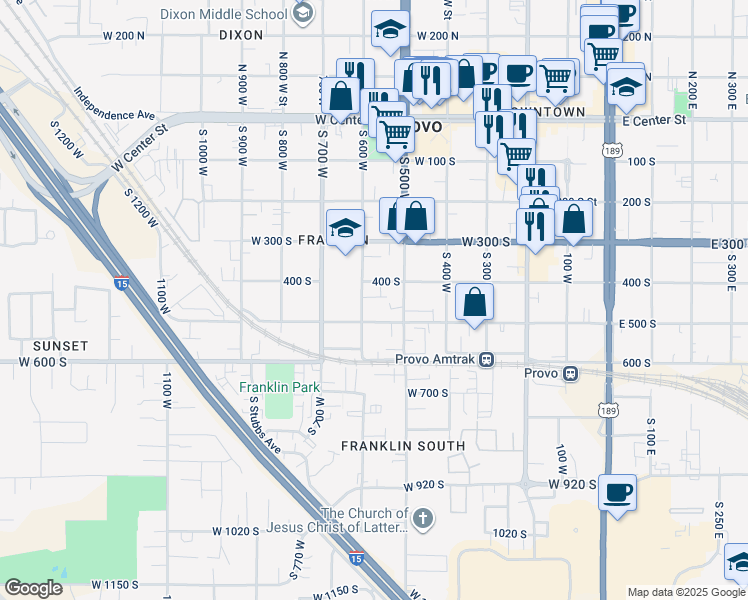 map of restaurants, bars, coffee shops, grocery stores, and more near 455 South 600 West in Provo