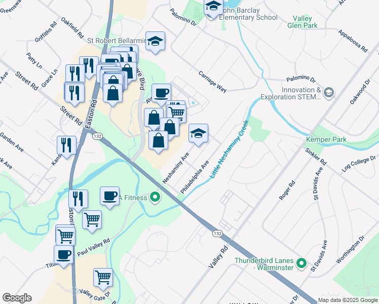map of restaurants, bars, coffee shops, grocery stores, and more near 731 Neshaminy Avenue in Warrington