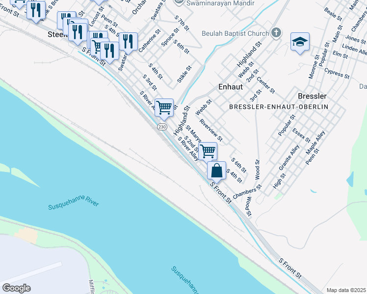 map of restaurants, bars, coffee shops, grocery stores, and more near 547 South Front Street in Harrisburg