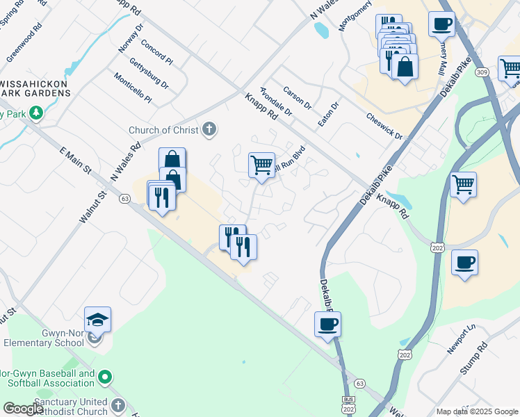 map of restaurants, bars, coffee shops, grocery stores, and more near 2402 Grist Mill Court in North Wales