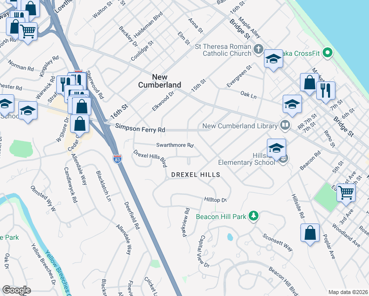map of restaurants, bars, coffee shops, grocery stores, and more near 801 Barbara Street in New Cumberland
