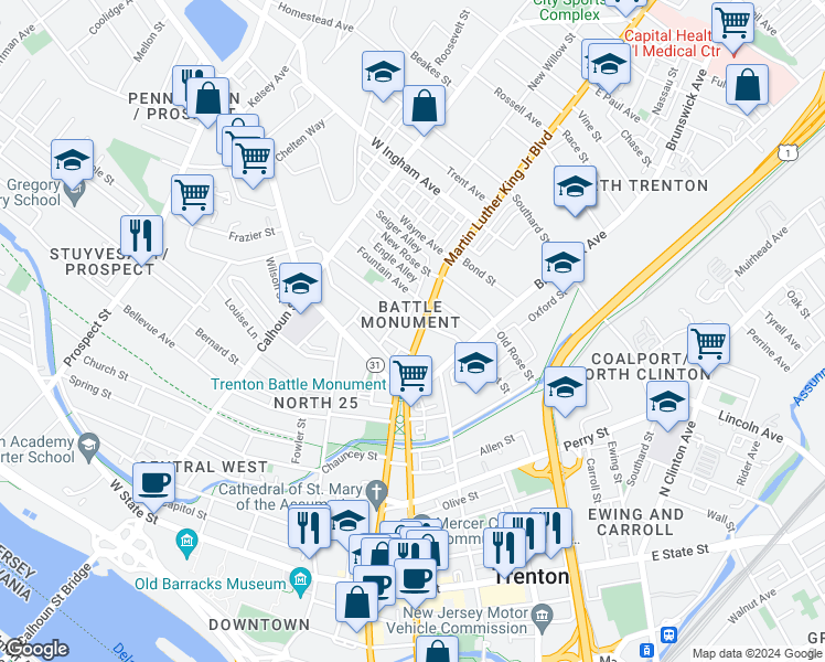 map of restaurants, bars, coffee shops, grocery stores, and more near 469 Martin Luther King Junior Boulevard in Trenton