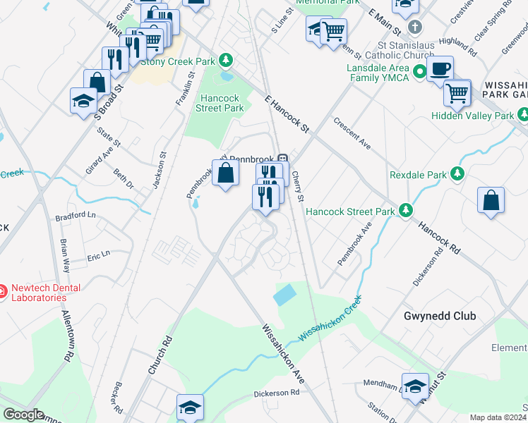 map of restaurants, bars, coffee shops, grocery stores, and more near 155 Pennbrook Parkway in Lansdale