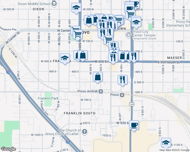 map of restaurants, bars, coffee shops, grocery stores, and more near 475 South 400 West in Provo