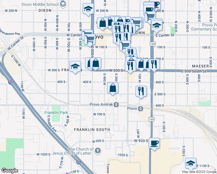 map of restaurants, bars, coffee shops, grocery stores, and more near 475 South 400 West in Provo