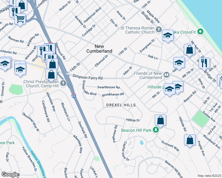 map of restaurants, bars, coffee shops, grocery stores, and more near 801 Barbara Street in New Cumberland