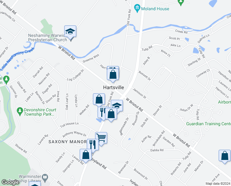map of restaurants, bars, coffee shops, grocery stores, and more near 1414 Old York Road in Warminster