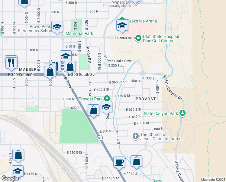 map of restaurants, bars, coffee shops, grocery stores, and more near 430 Utah Avenue in Provo