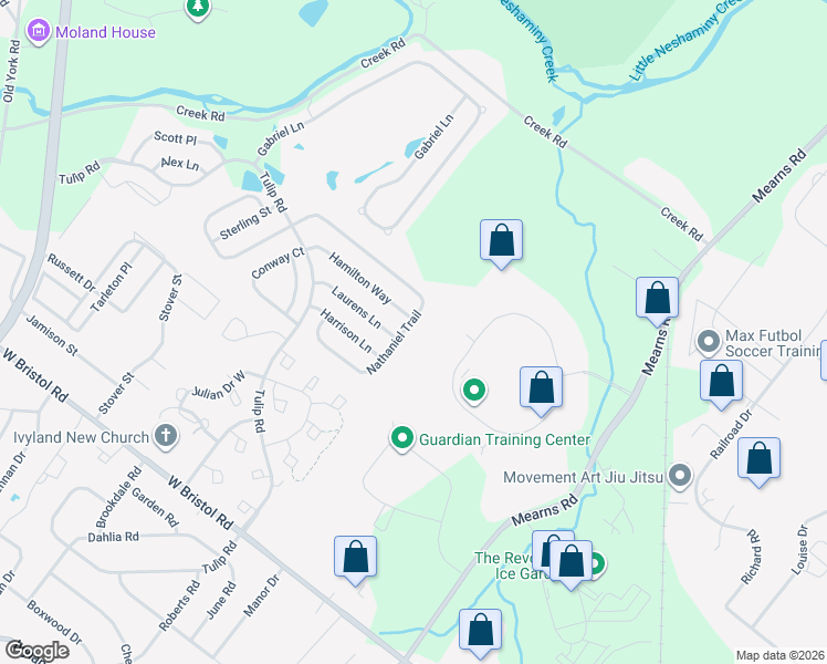 map of restaurants, bars, coffee shops, grocery stores, and more near 865 Nathaniel Trail in Warminster