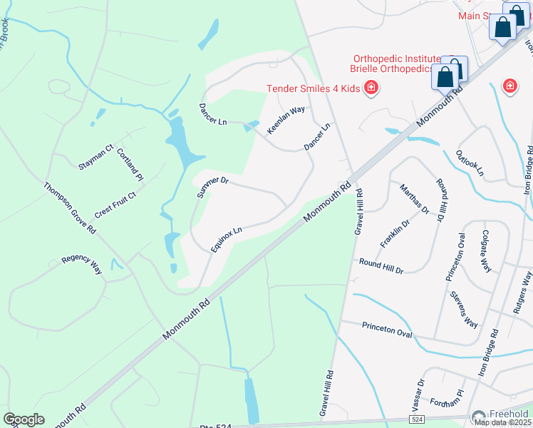 map of restaurants, bars, coffee shops, grocery stores, and more near 3 Equinox Lane in Freehold