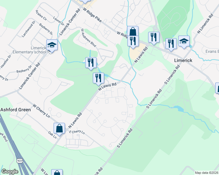 map of restaurants, bars, coffee shops, grocery stores, and more near 787 North Lewis Road in Royersford