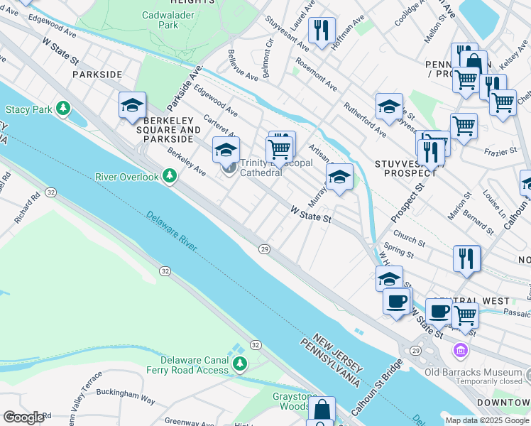 map of restaurants, bars, coffee shops, grocery stores, and more near 43 South Hermitage Avenue in Trenton