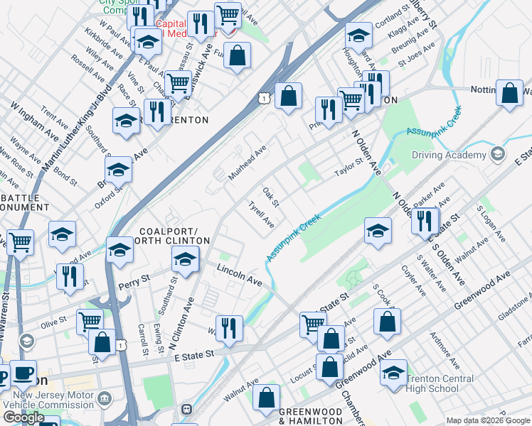 map of restaurants, bars, coffee shops, grocery stores, and more near 29 Oak Street in Trenton