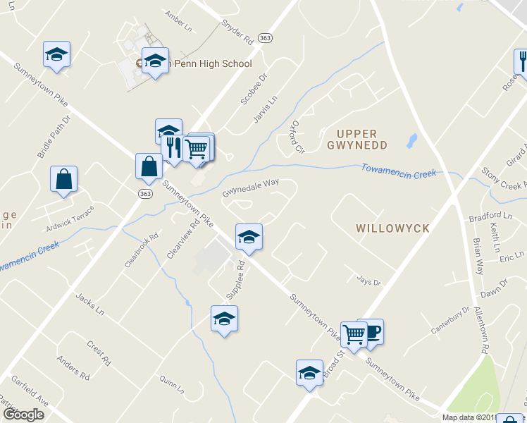 map of restaurants, bars, coffee shops, grocery stores, and more near 1122 Keats Court in Lansdale