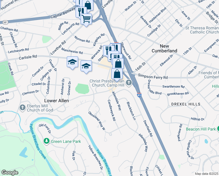 map of restaurants, bars, coffee shops, grocery stores, and more near 1525 Cedar Cliff Drive in Camp Hill