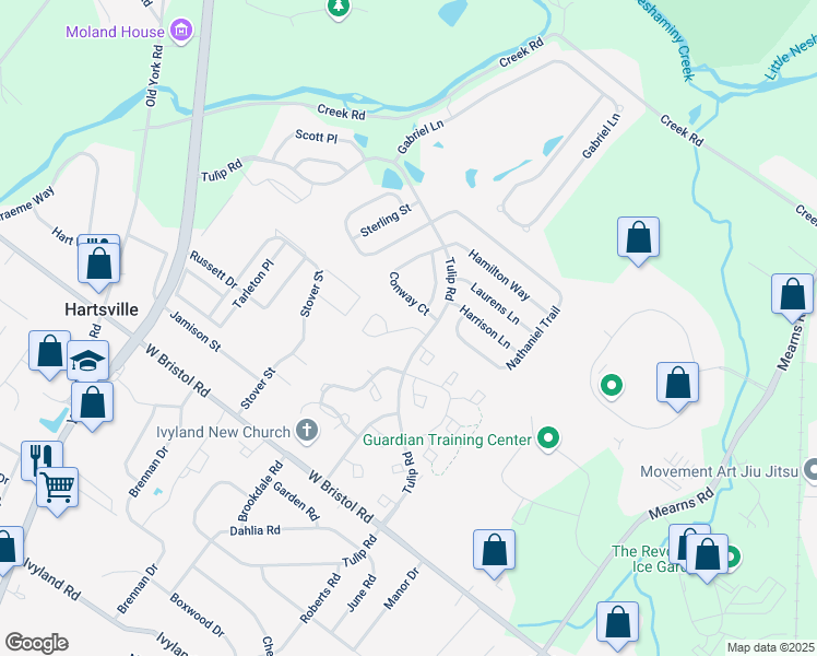 map of restaurants, bars, coffee shops, grocery stores, and more near 203 Crossroads Drive in Warminster