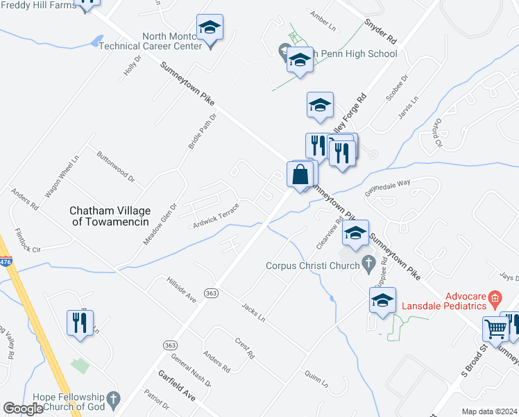 map of restaurants, bars, coffee shops, grocery stores, and more near 167 Bancroft Road in Lansdale