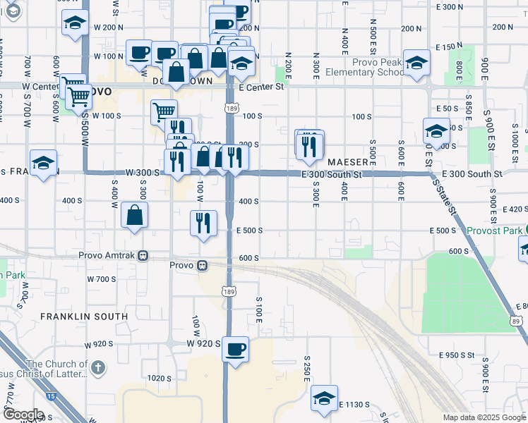 map of restaurants, bars, coffee shops, grocery stores, and more near 437 South 100 East in Provo