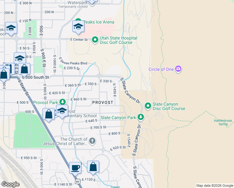 map of restaurants, bars, coffee shops, grocery stores, and more near 385 South 1450 East in Provo
