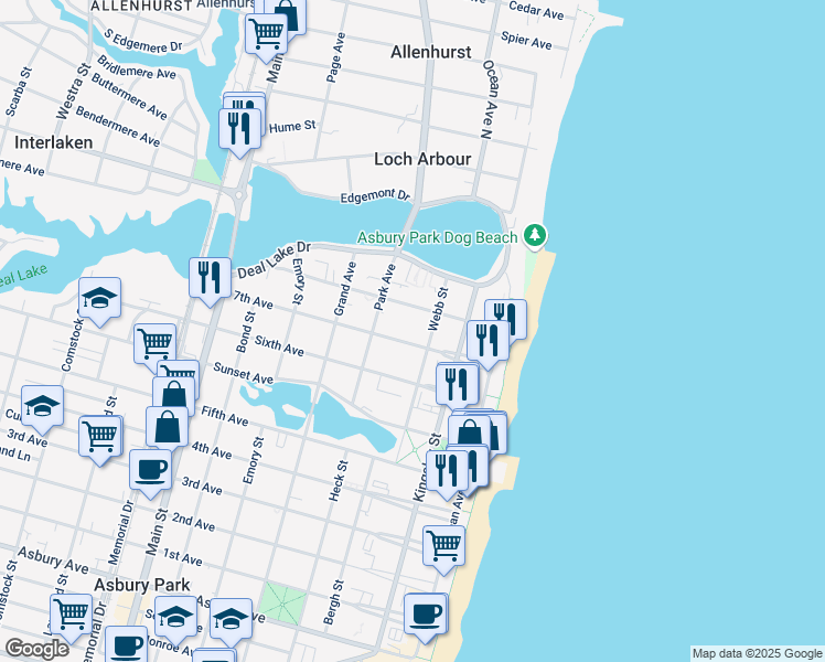 map of restaurants, bars, coffee shops, grocery stores, and more near 306 8th Avenue in Asbury Park