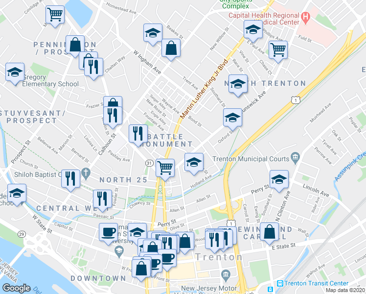 map of restaurants, bars, coffee shops, grocery stores, and more near 17 Sanford Street in Trenton