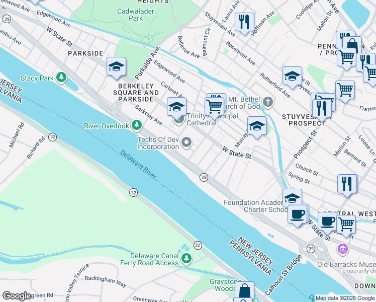 map of restaurants, bars, coffee shops, grocery stores, and more near 100 South Overbrook Avenue in Trenton