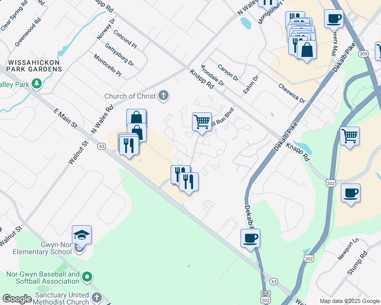 map of restaurants, bars, coffee shops, grocery stores, and more near 3503 North Carriage Court in North Wales
