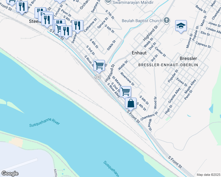 map of restaurants, bars, coffee shops, grocery stores, and more near 503 South Front Street in Steelton