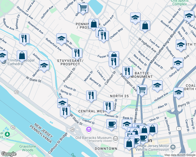 map of restaurants, bars, coffee shops, grocery stores, and more near 100 East Rutherford Avenue in Trenton