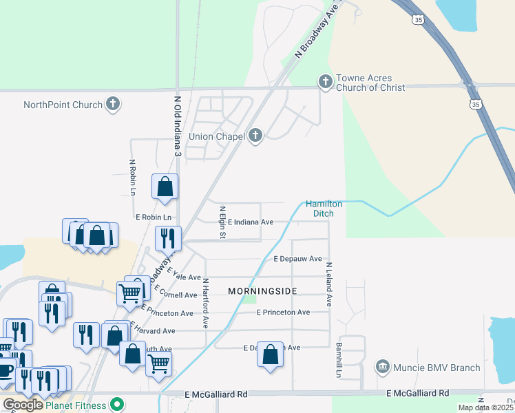map of restaurants, bars, coffee shops, grocery stores, and more near 1900-2098 E Wabash Ave in Muncie