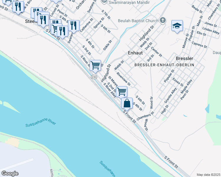 map of restaurants, bars, coffee shops, grocery stores, and more near 562 South 2nd Street in Steelton