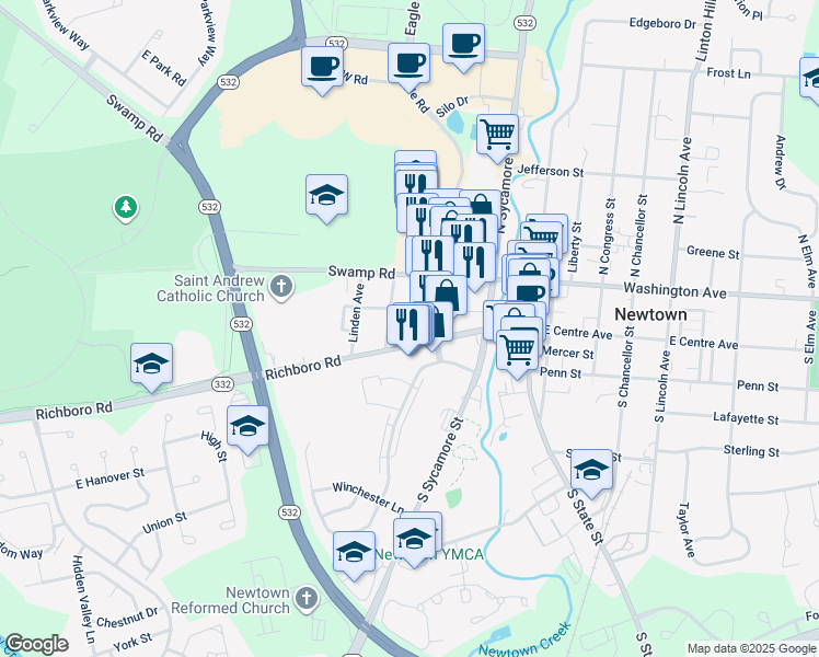 map of restaurants, bars, coffee shops, grocery stores, and more near 34 Richboro Newtown Road in Newtown