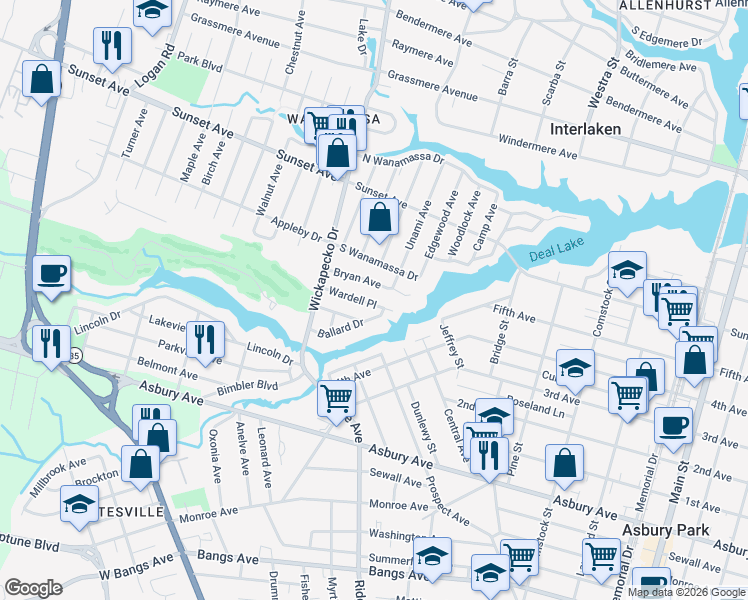 map of restaurants, bars, coffee shops, grocery stores, and more near 1710 Bryan Avenue in Ocean Township
