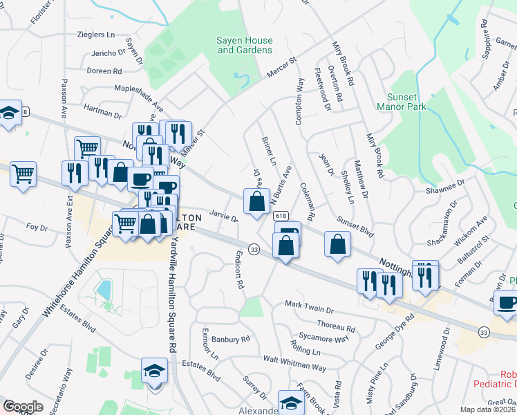 map of restaurants, bars, coffee shops, grocery stores, and more near 31 Acres Drive in Hamilton Township